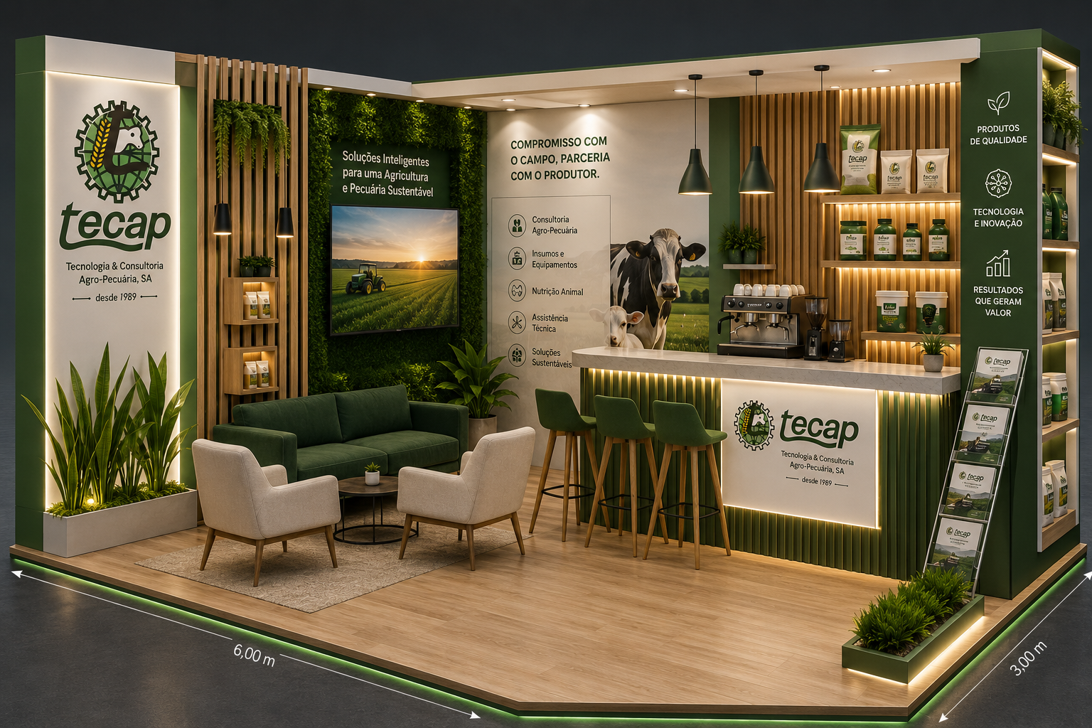 Render 3D do stand TECAP — 6m × 3m