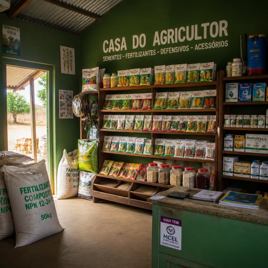 Interior do stand TECAP com prateleiras de sementes, fertilizantes e produtos veterinários